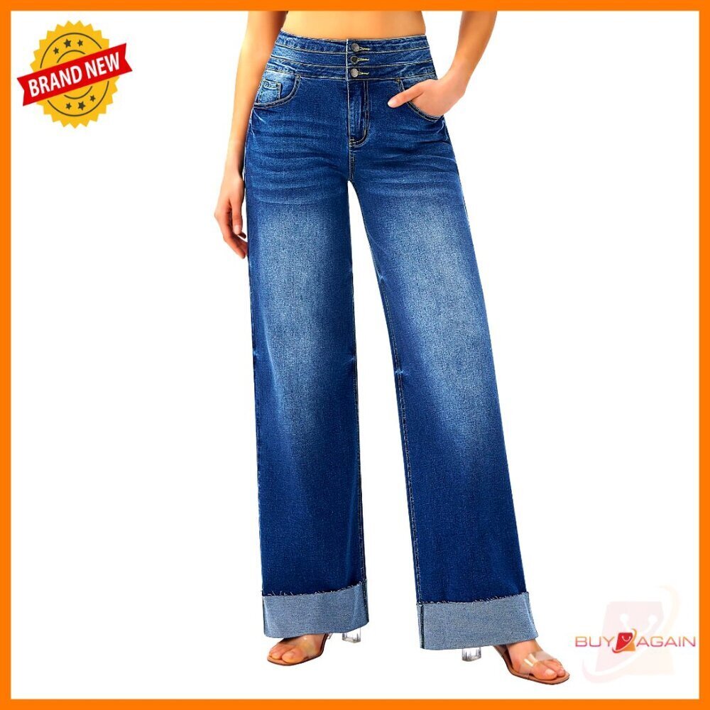 High Waisted Stretchy Wide Leg Jeans Cuffed Baggy Loose Denim Pants - Picture 1 of 7
